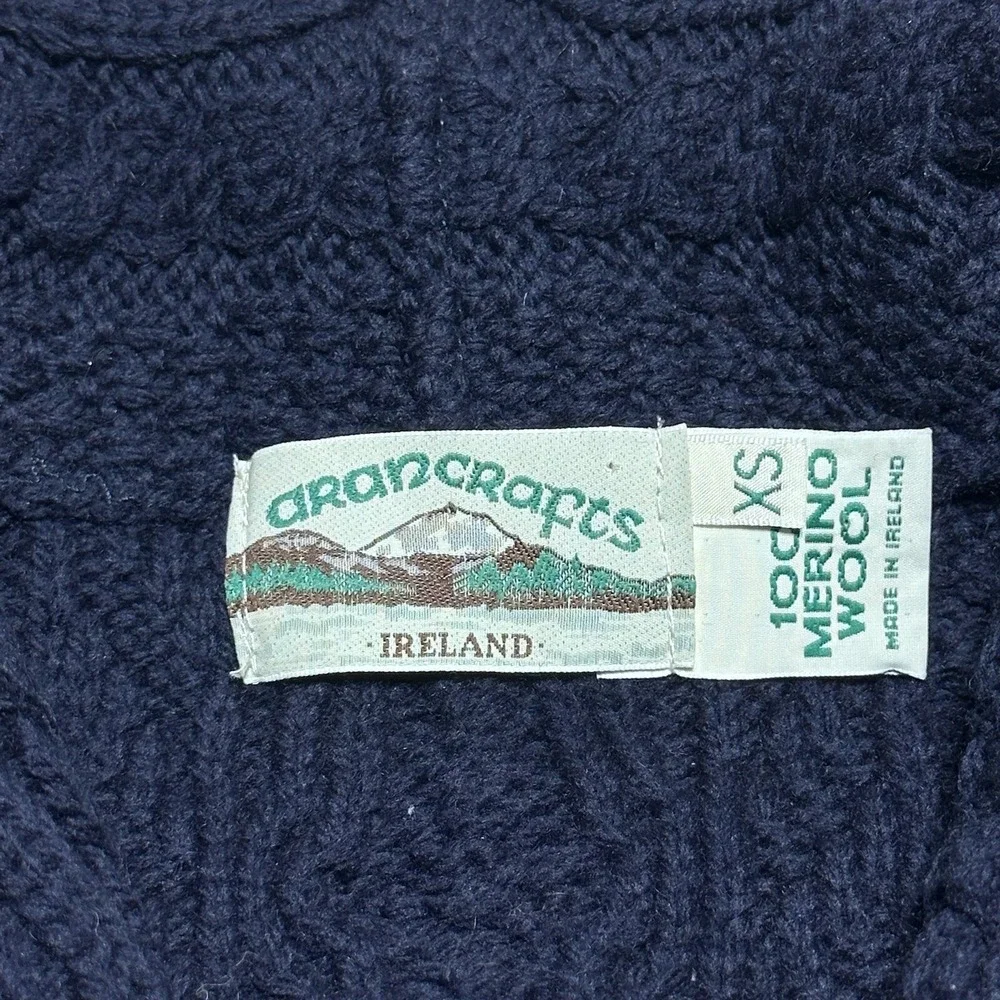Aran Crafts Cable Knit Merino Wool Cardigan Womens XS Navy Double Breasted Shawl - Picture 6 of 13